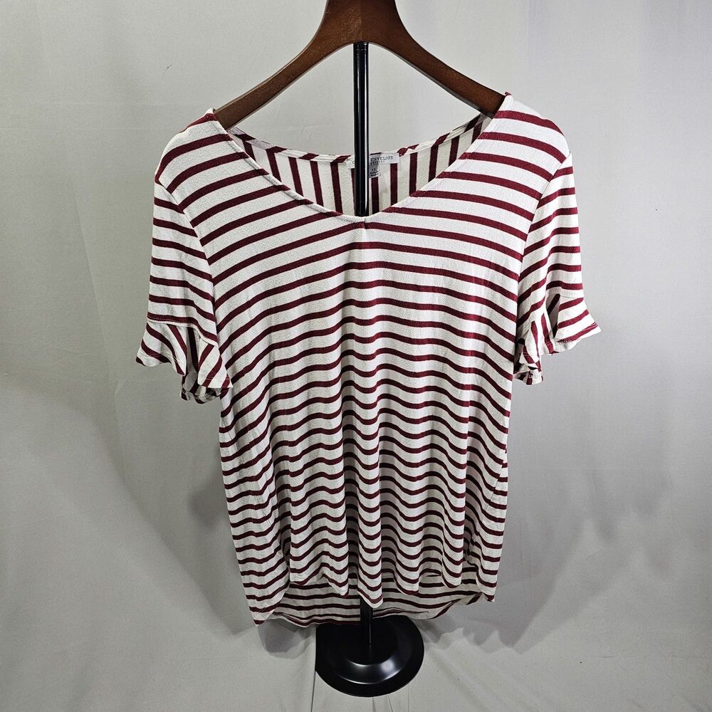 Green Envelope Women's XL Red/White V Neck shirred Short Sleeve Top